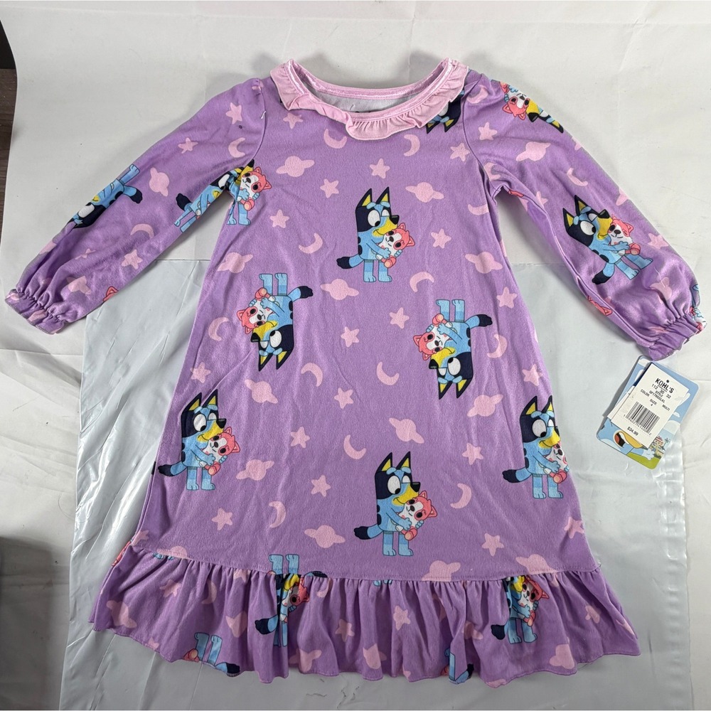 Bluey Girls Allover Character Print Purple Fleece Ruffle Nightgown Size 4 NWT